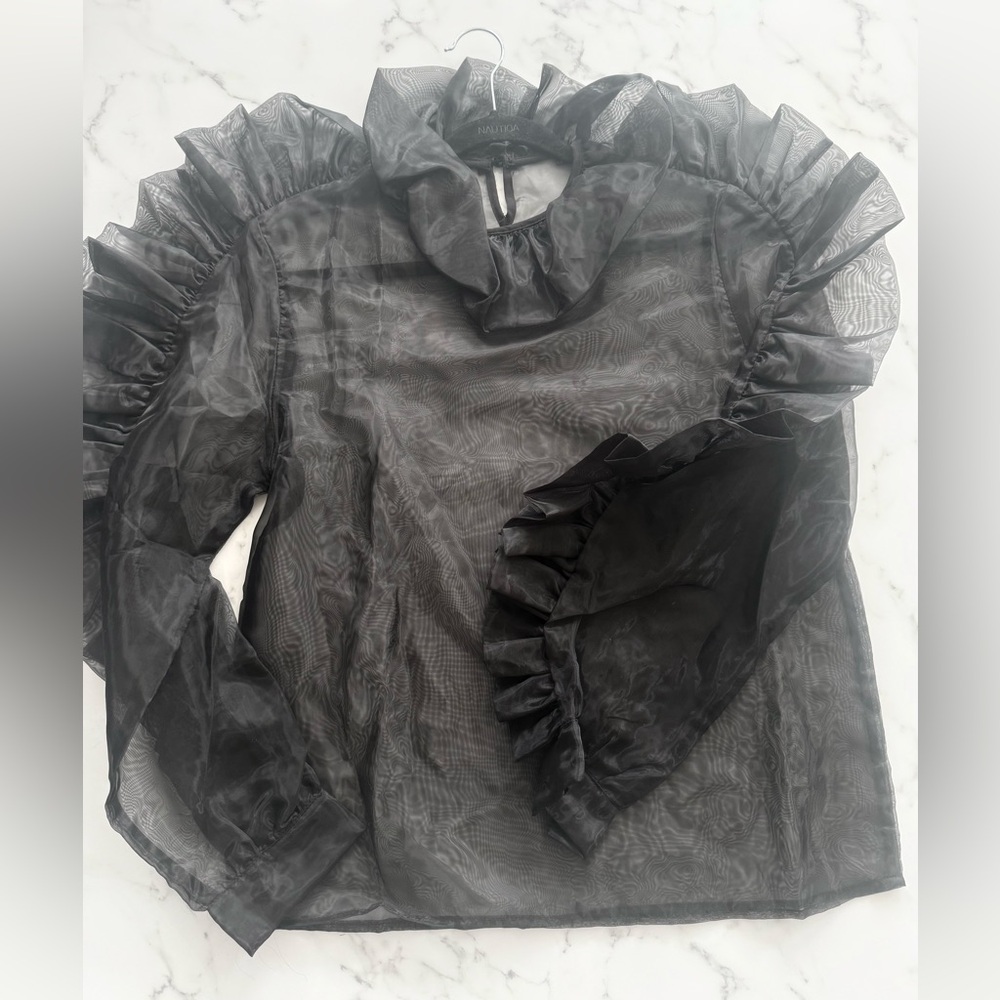 Elegant Black Ruffled Sheer Top
